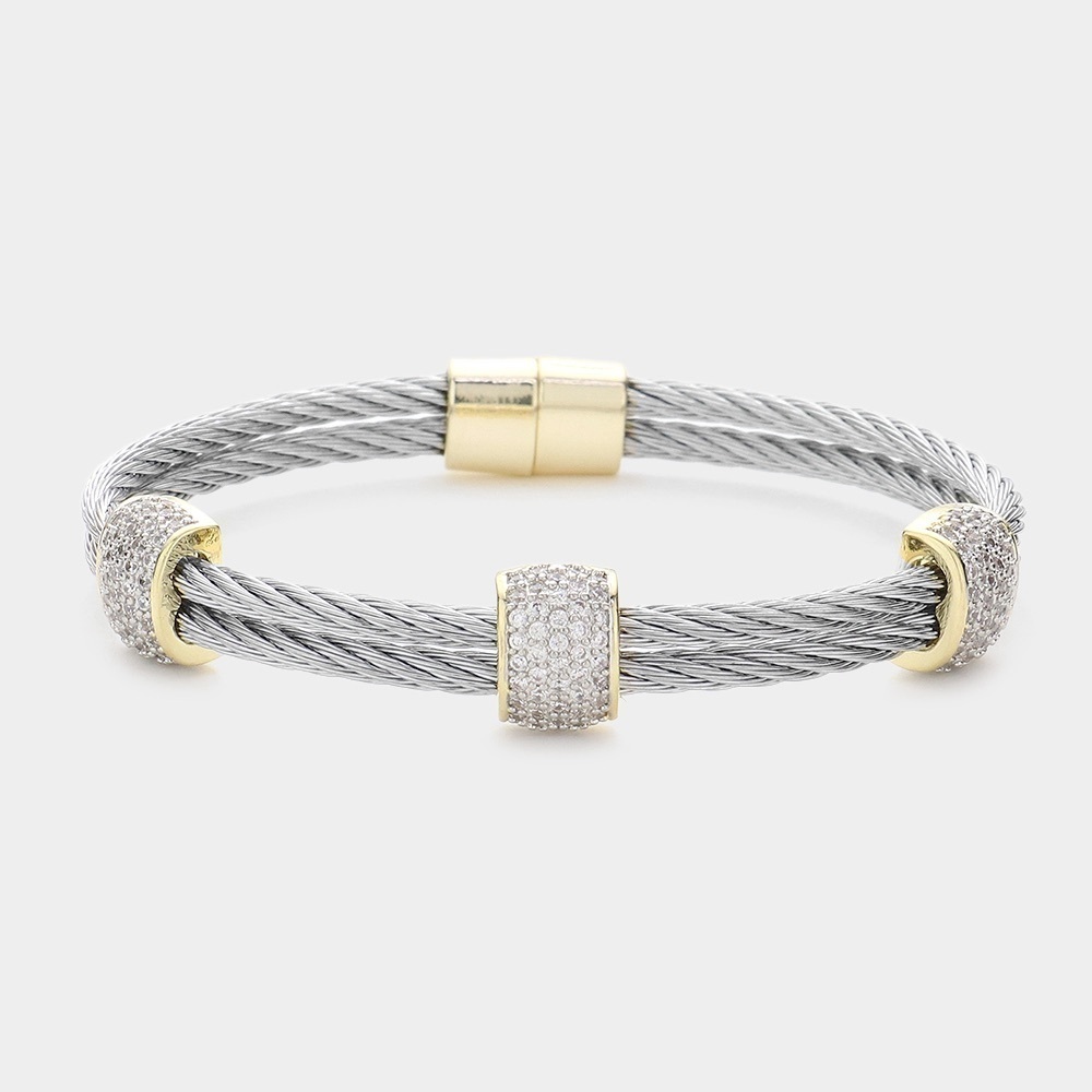 Two Tone Three Pave Stations Designer Style Magnetic Bracelet
